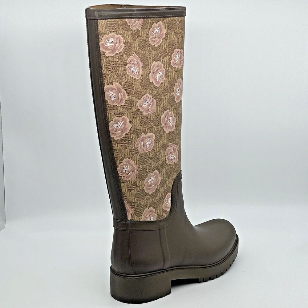 Coach Signature Rubber Rain Boots Tan Women’s 8B Dark Brown Floral Pink Coquette - Picture 3 of 16